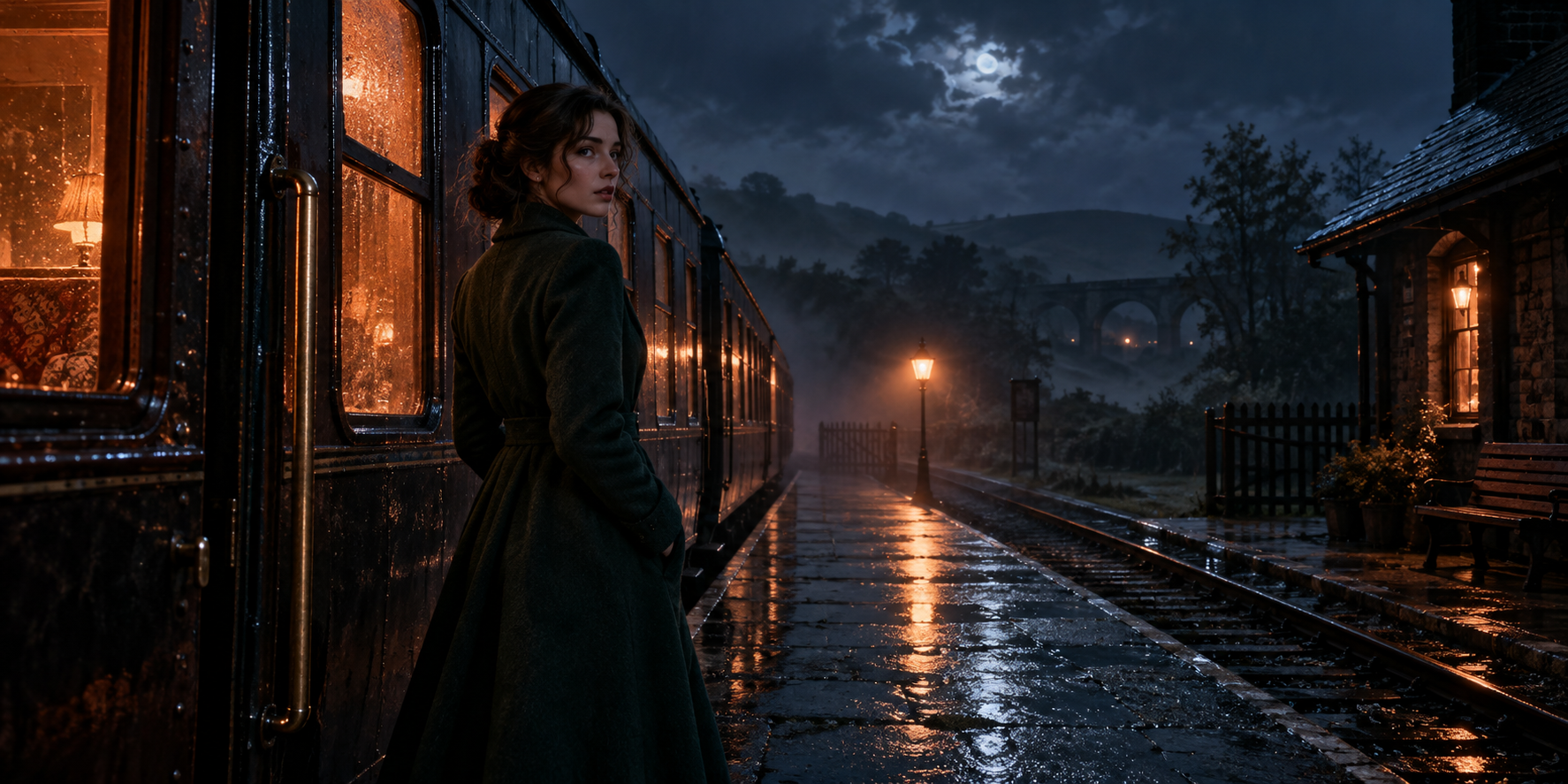 Une femme près d’un train sous la pluie nocturne.