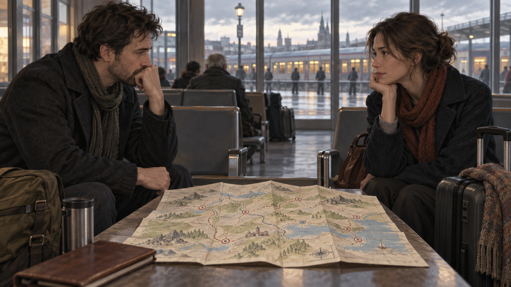 Une carte de ville pliée avec des punaises colorées sur une table de café et deux tasses de thé.