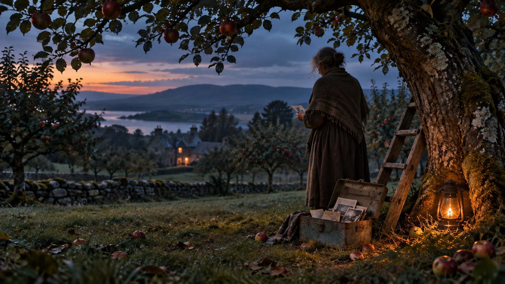 Un verger de pommiers au crépuscule, une échelle et une boîte en fer.