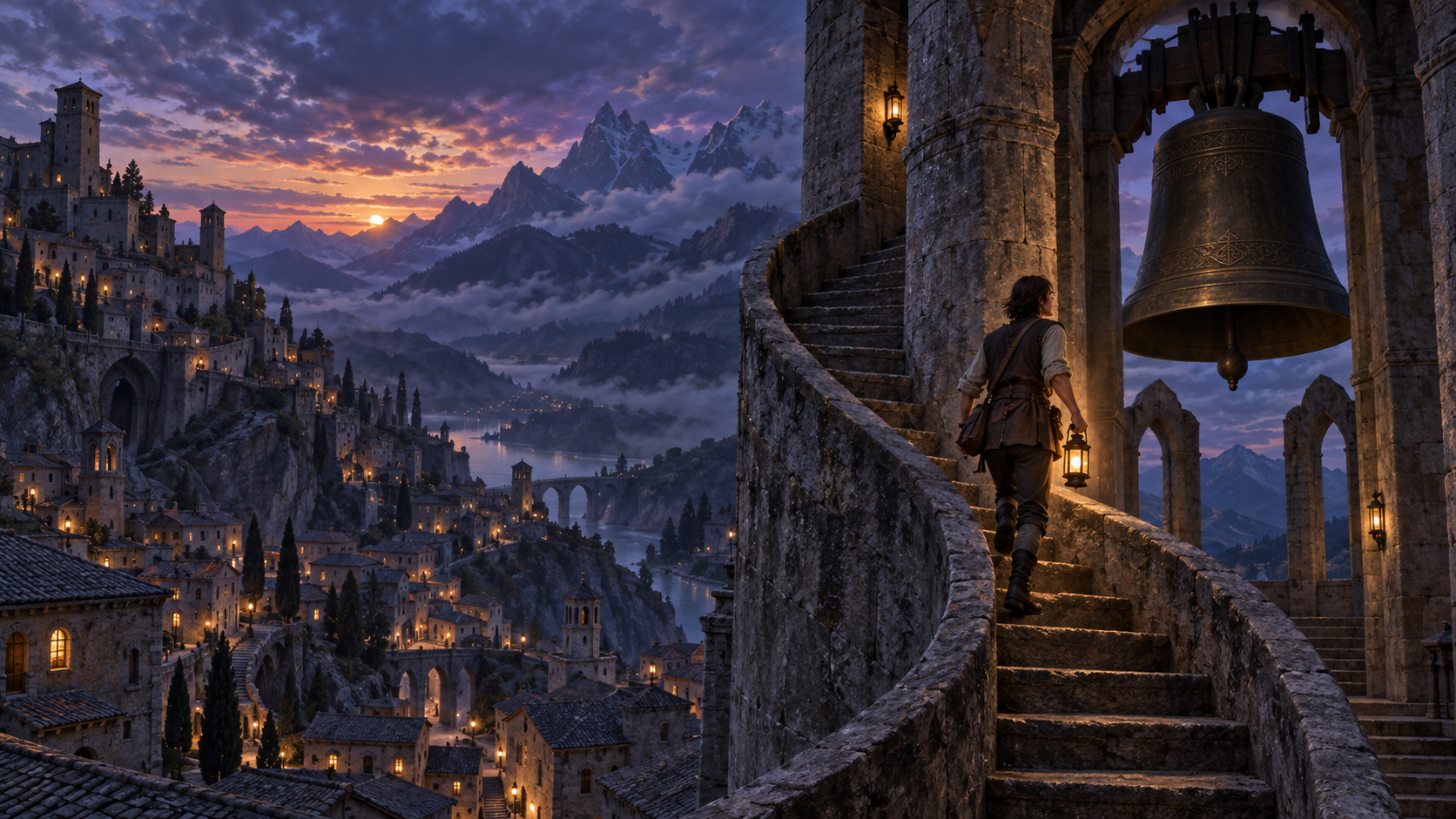 Une tour de pierre au-dessus d’une vieille ville au crépuscule, avec une cloche de bronze dans son arcade.